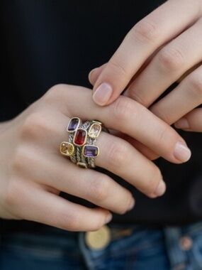 Italian Multi-Stone Silver with Gold Ring with Red, Purple and Yellow Gems SZ8